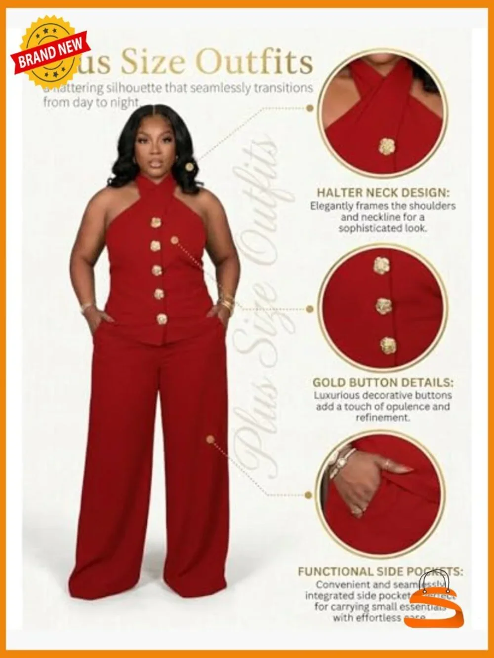 Plus Size Two Piece Suit Set Halter Vest Wide Leg Pants Business Casual